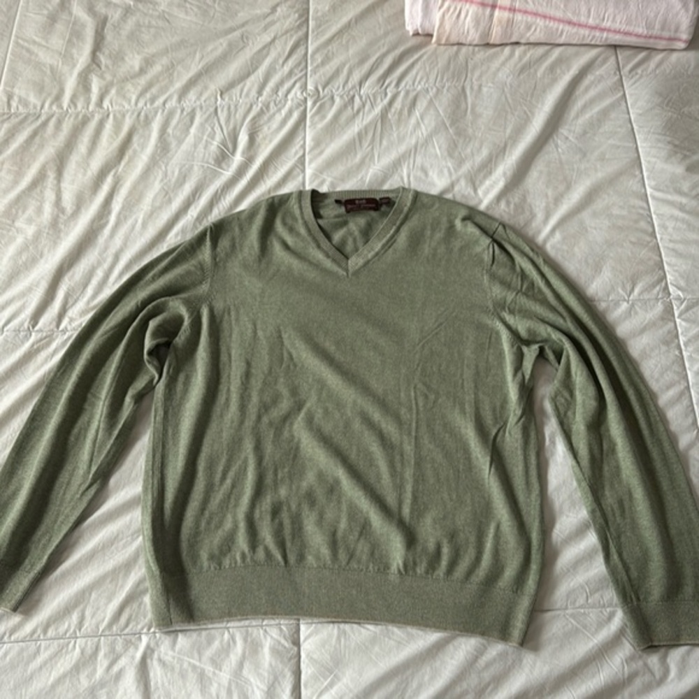 Hickey Freeman Mens V-Neck Cotton Pull Over Sweater Large Sage Green